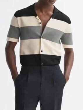REISS Seville Striped Knit Cuban Collar Button Through Shirt